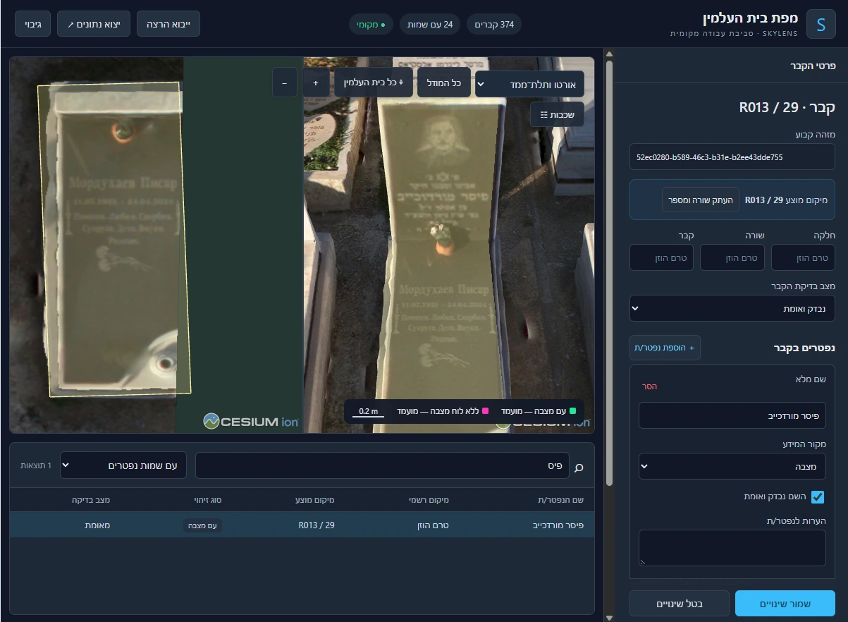 Screenshot from the local tool: the same headstone in 3D alongside its orthophoto location and record details.