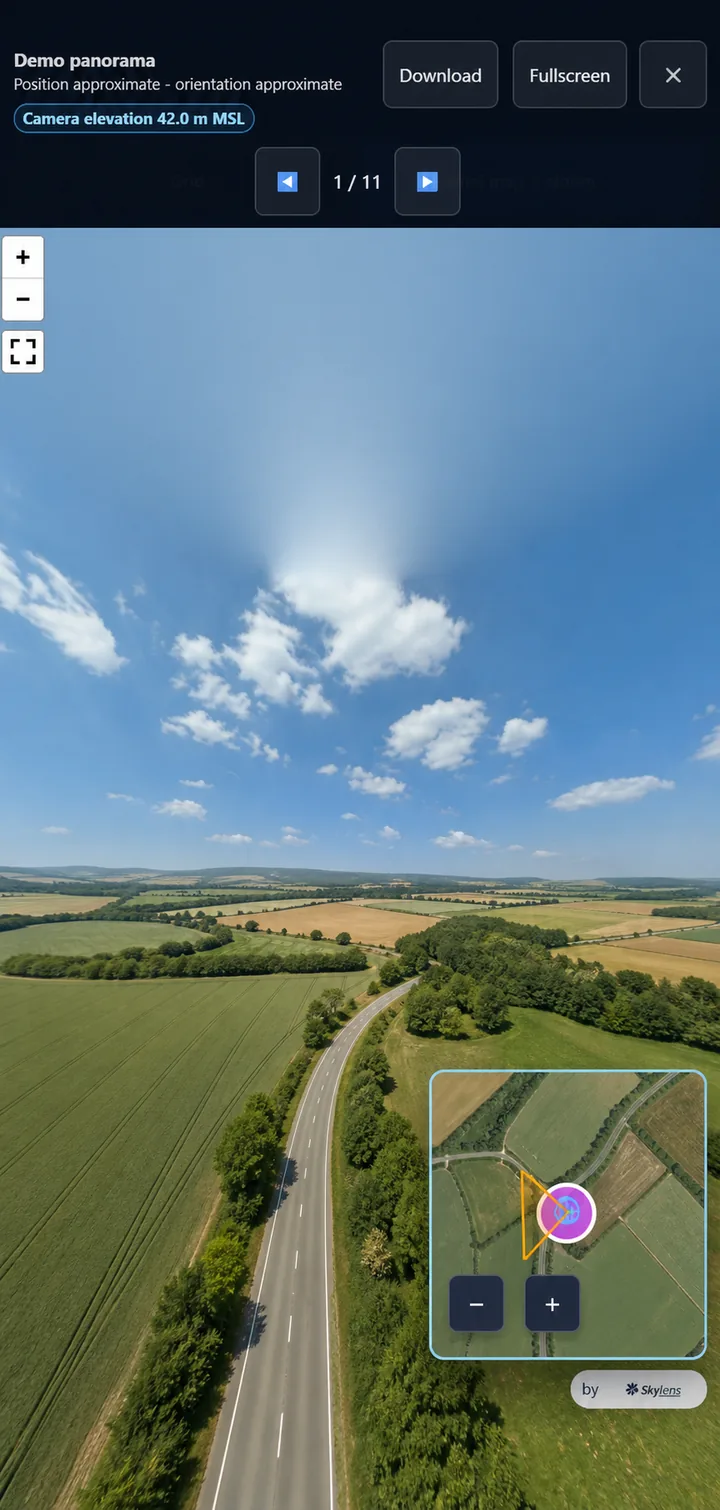 תצוגת טלפון אנונימית של פנורמה ב־Skylens Viewer עם מיני־מפה