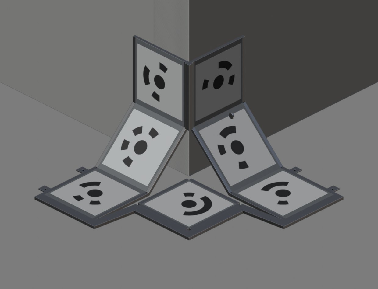 Isometric view of the fixture on an external building corner: two symmetric arms, each carrying a slab panel, a 45-degree panel and a wall panel, with a square corner panel between them whose vertex points at the building corner.