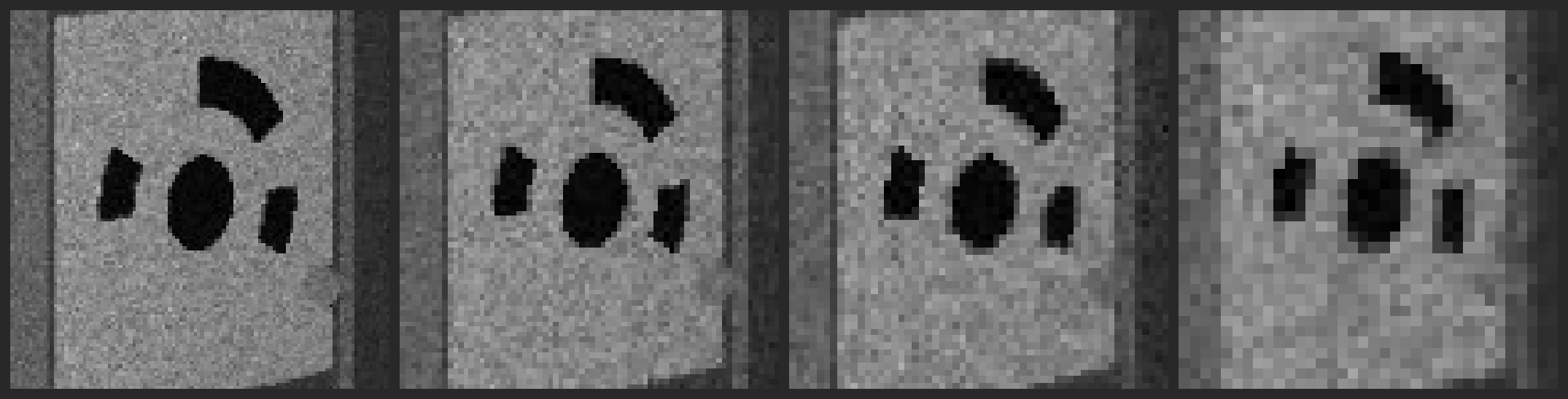 Four crops from a lidar intensity panorama showing the same coded target at four decreasing resolutions: sharp and legible in the first two, blurred and pixelated in the last two.